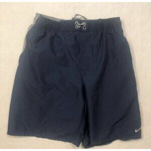 Nike Swim Trunks Navy Blue Gray Shorts Lined Elastic Waist Drawstring Mens Small